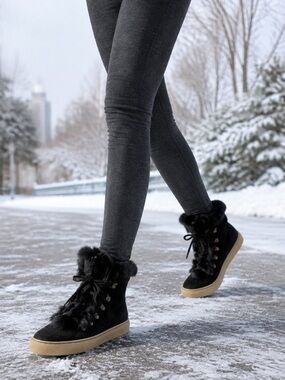 Cougar Black leather Faux Fur High-Top Sneakers with off white rubber sole❤️9